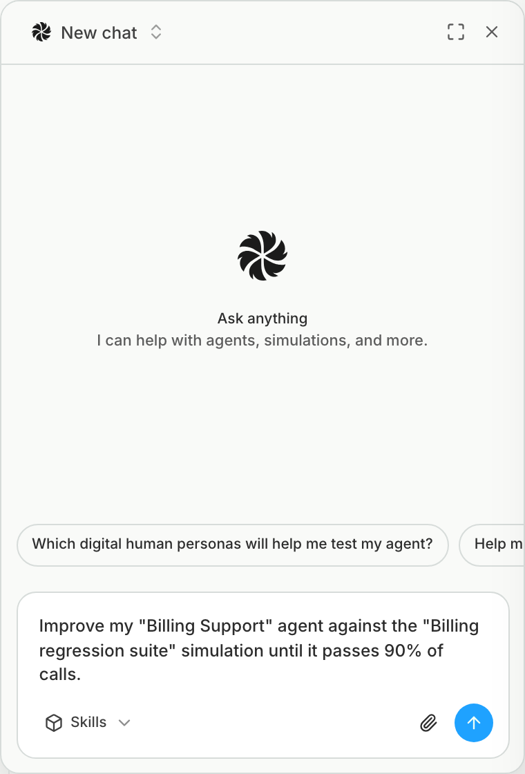 The Bluejay AI chat with a request to improve an agent against a simulation