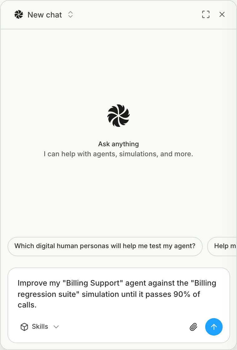 The Bluejay AI chat with a request to improve an agent against a simulation