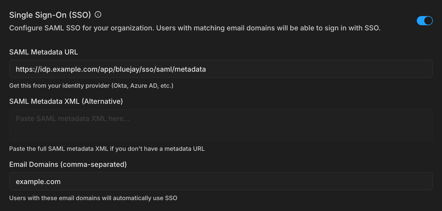 The Single Sign-On (SSO) settings with the toggle on, a SAML metadata URL, and example.com as the email domain