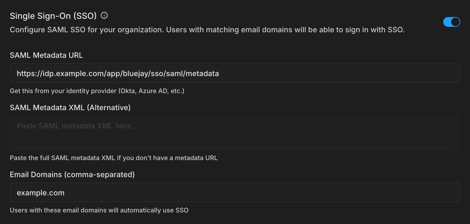 The Single Sign-On (SSO) settings with the toggle on, a SAML metadata URL, and example.com as the email domain