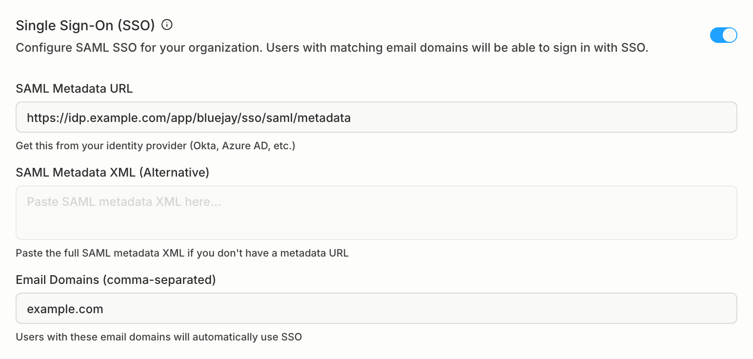 The Single Sign-On (SSO) settings with the toggle on, a SAML metadata URL, and example.com as the email domain