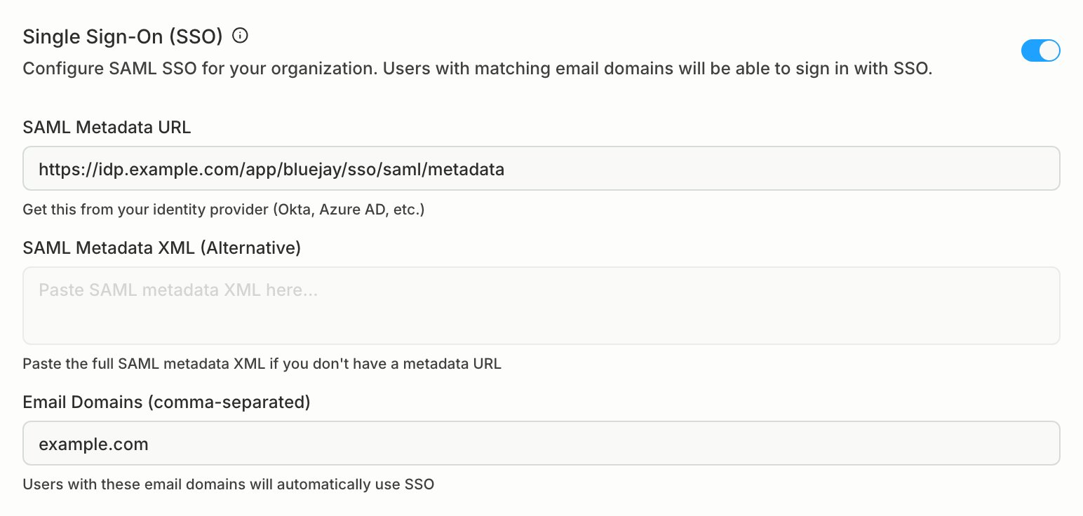 The Single Sign-On (SSO) settings with the toggle on, a SAML metadata URL, and example.com as the email domain