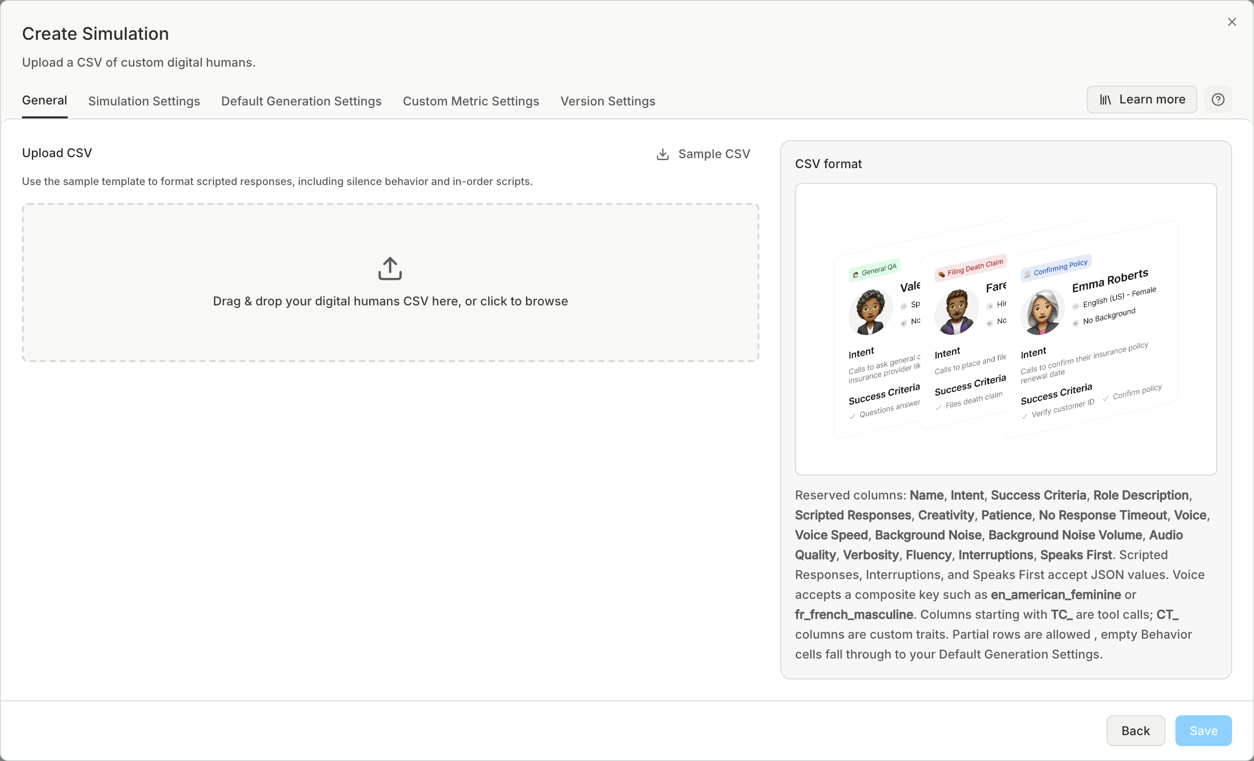 The Upload CSV step with the Sample CSV button, a drop zone for the CSV file, and a CSV format panel that lists the reserved columns