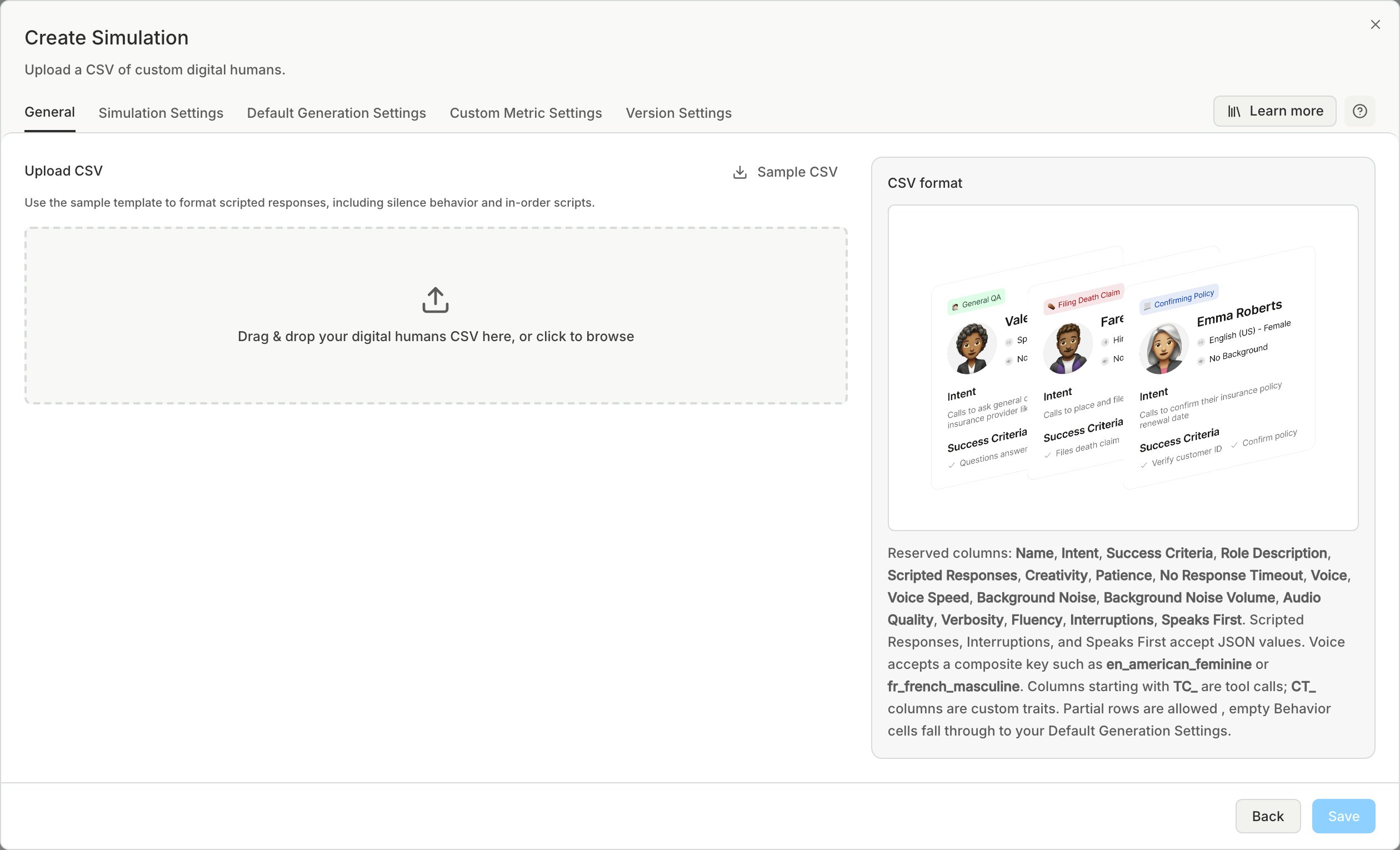 The Upload CSV step with the Sample CSV button, a drop zone for the CSV file, and a CSV format panel that lists the reserved columns