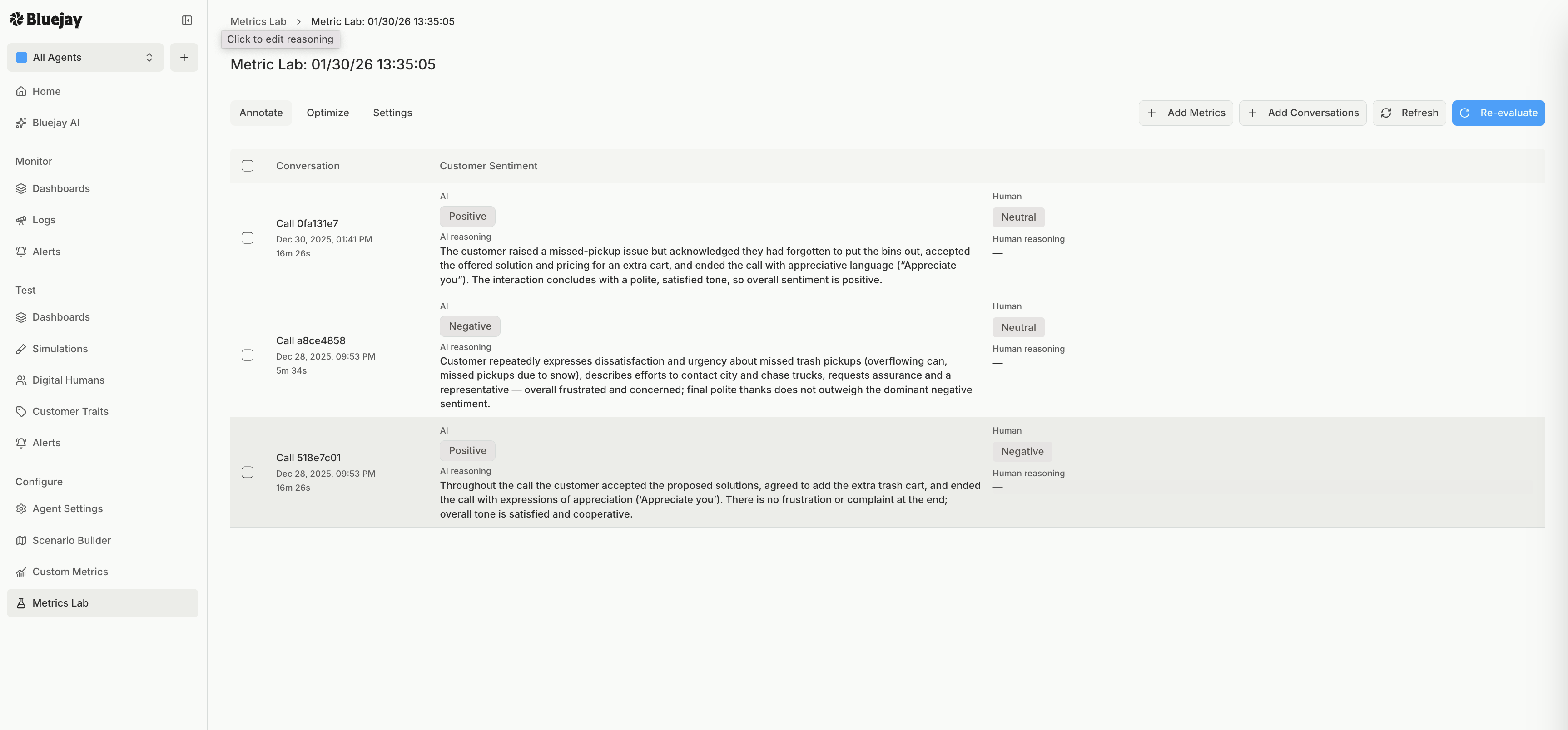 The Annotate tab with the AI verdict and Human verdict columns side by side for a metric