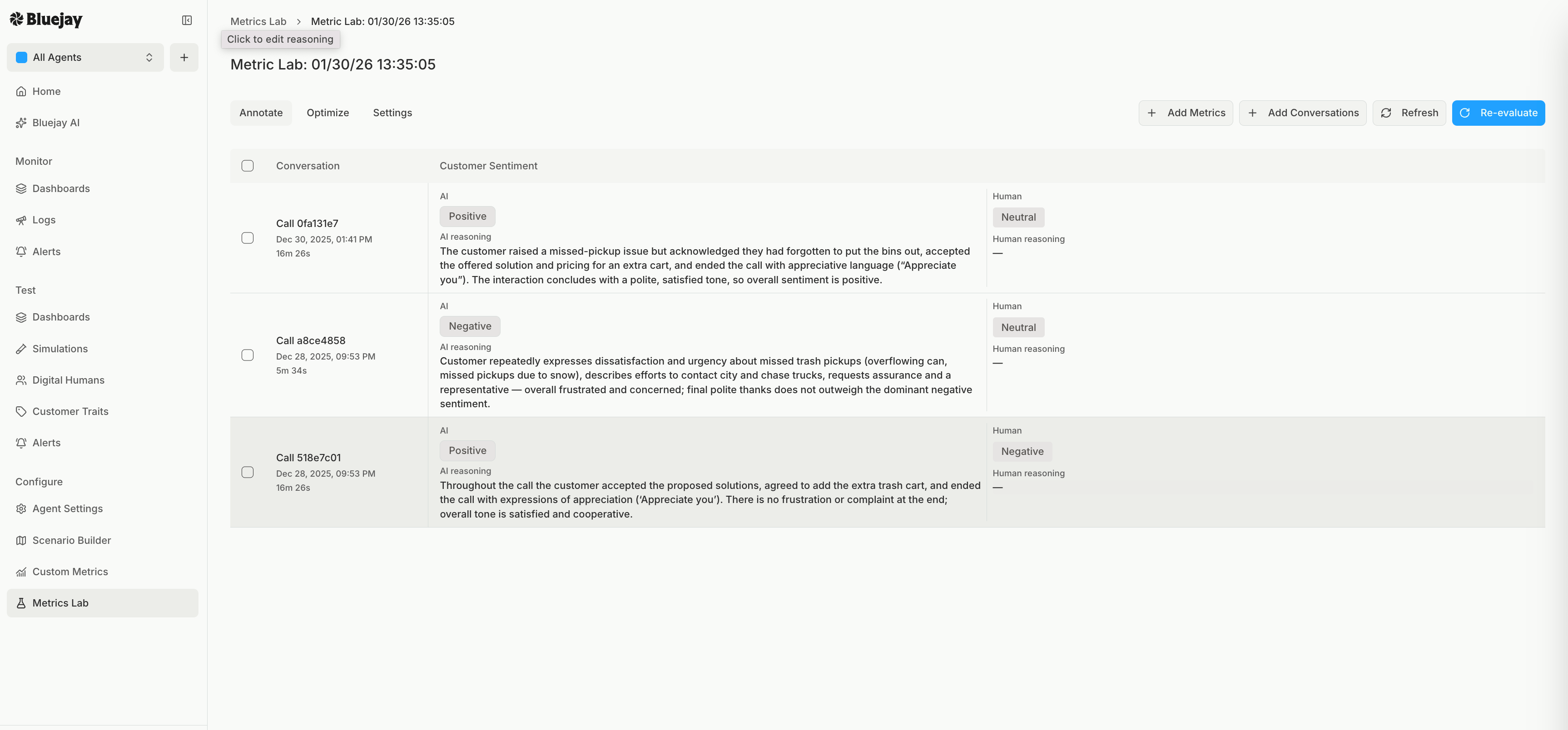 The Annotate tab with the AI verdict and Human verdict columns side by side for a metric