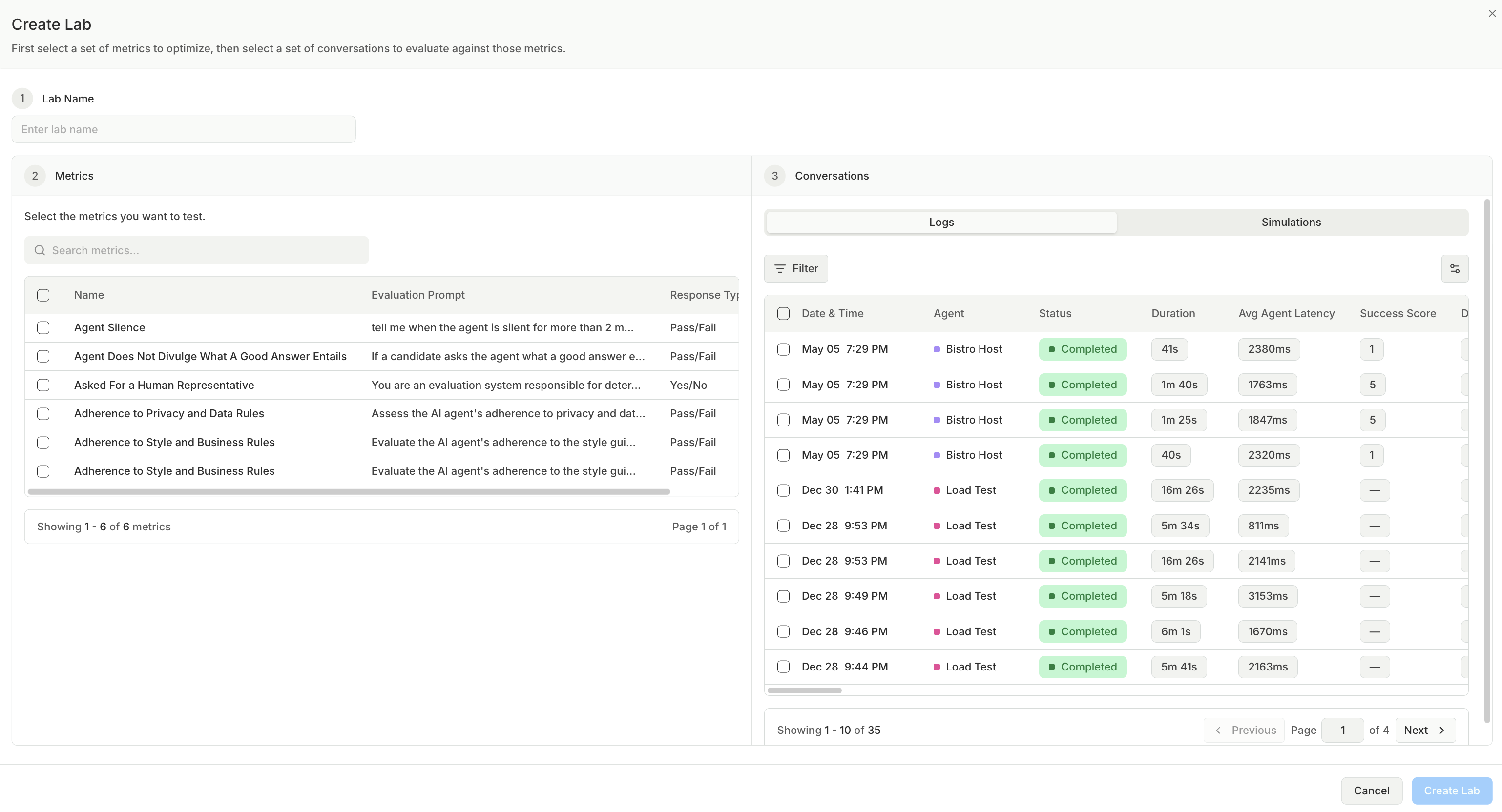 The Create Lab dialog with its three steps: Lab Name, Metrics, and Conversations