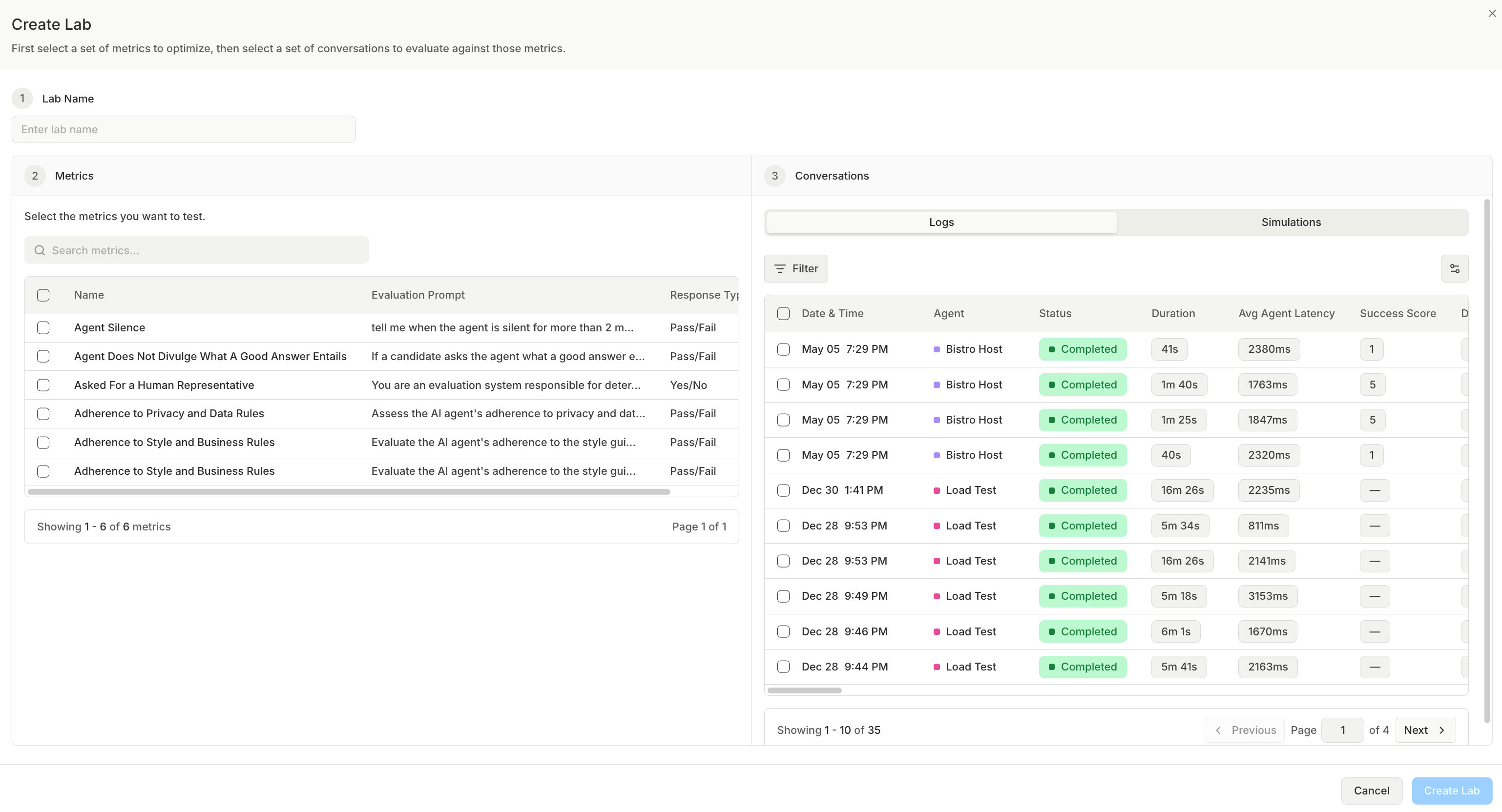 The Create Lab dialog with its three steps: Lab Name, Metrics, and Conversations