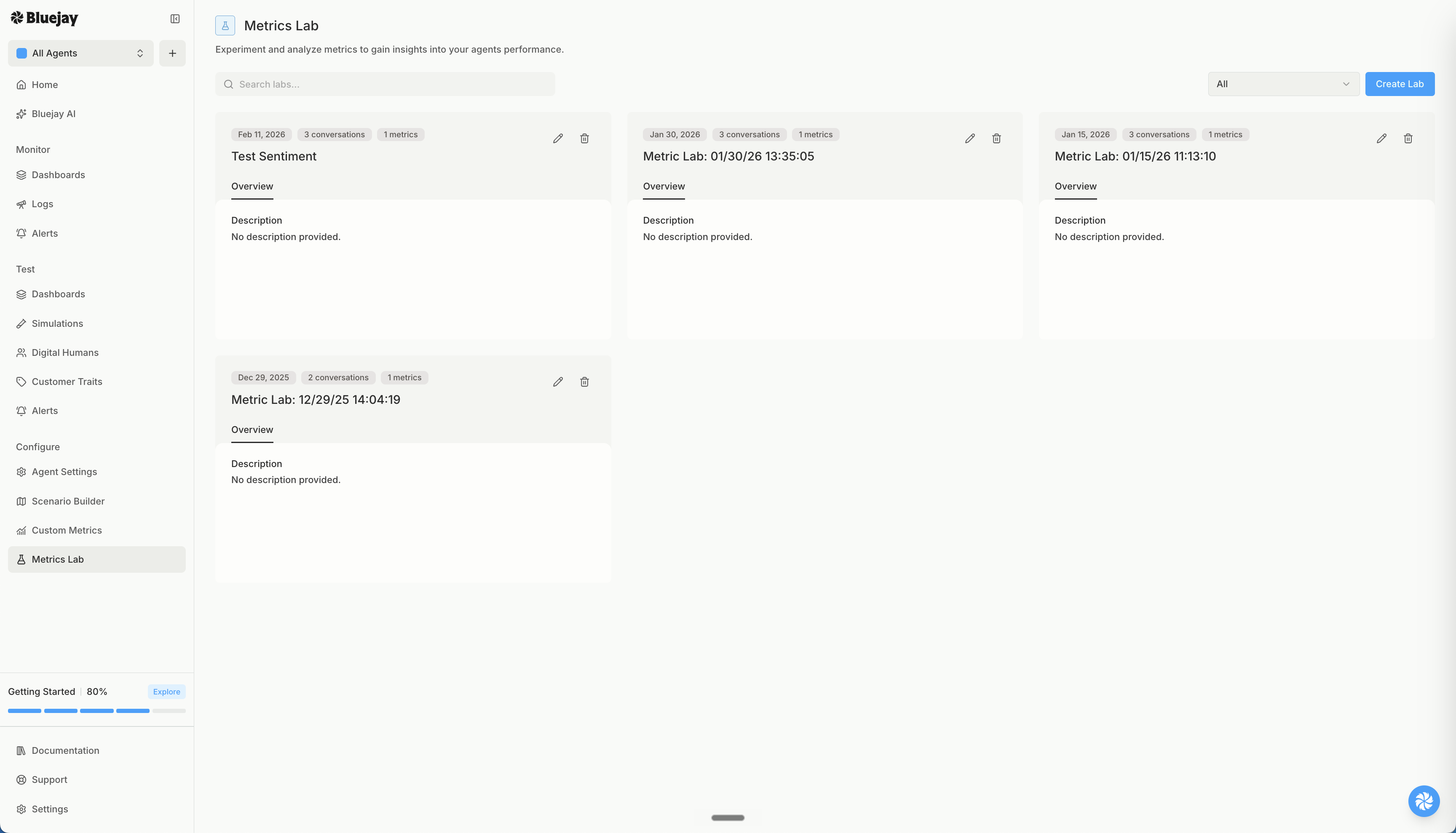 The Metrics Lab landing page with the Create Lab button in the top right
