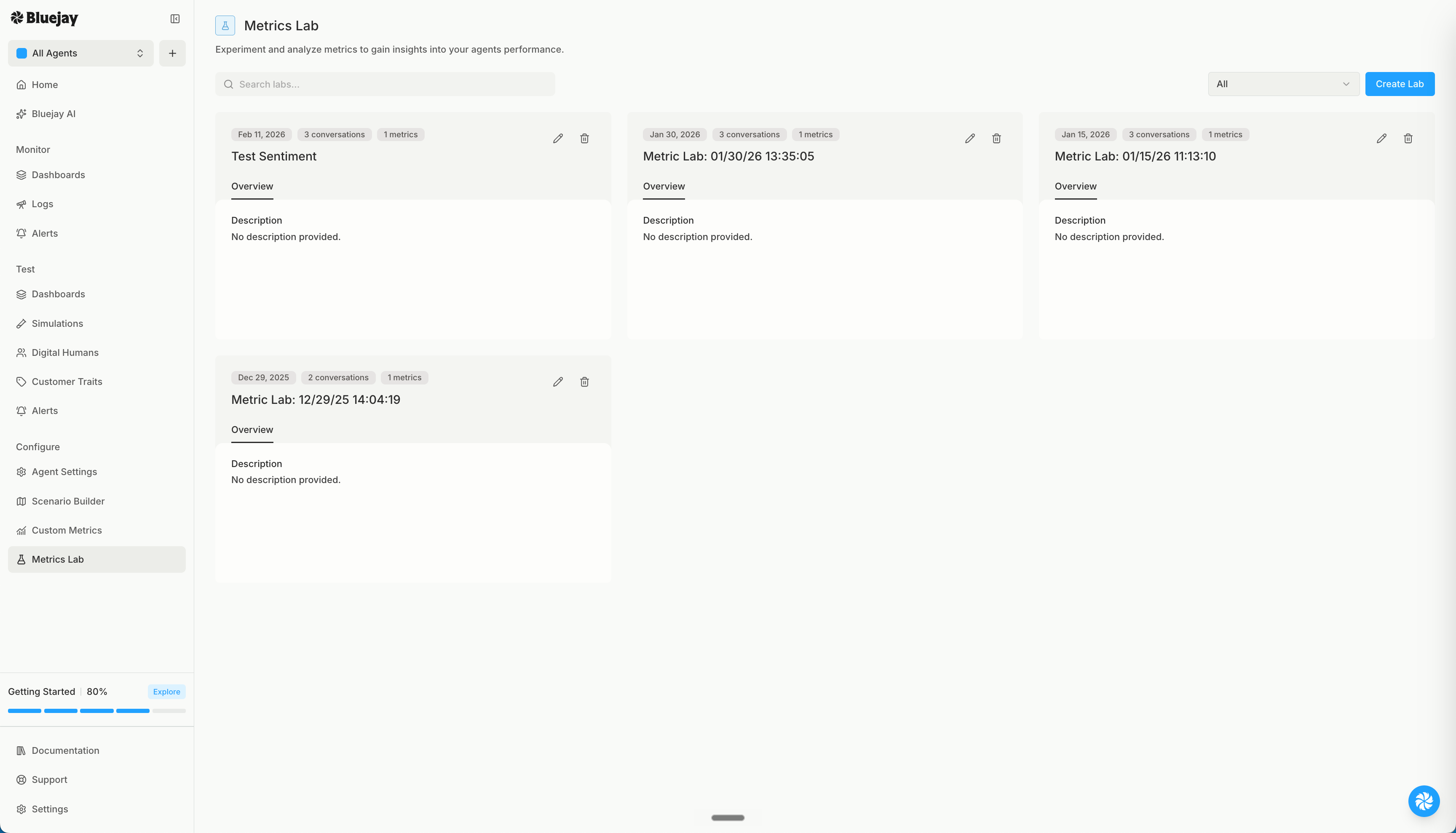 The Metrics Lab landing page with the Create Lab button in the top right
