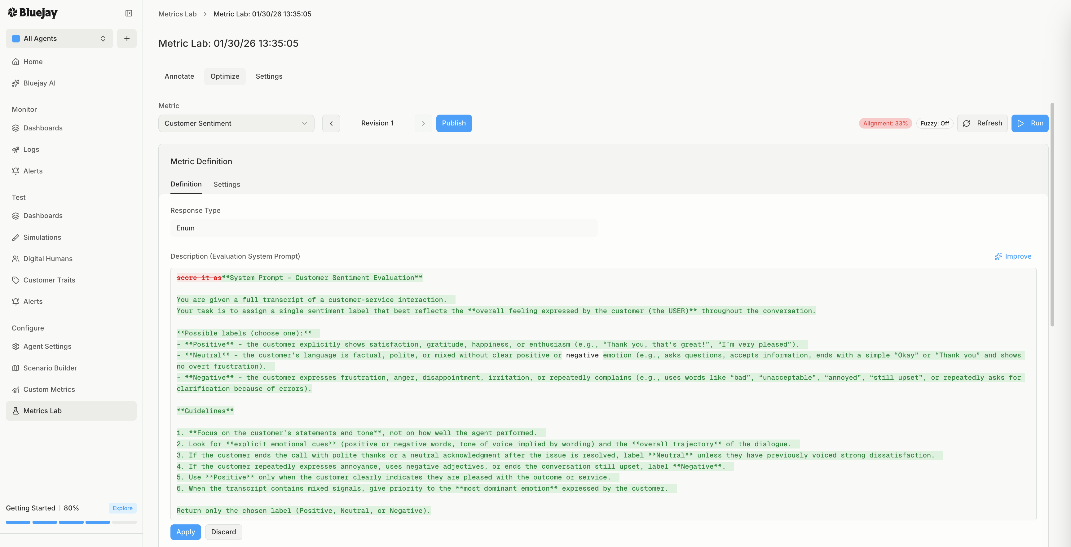 The Optimize tab showing the metric definition with a prompt diff for a revision, the Improve action, and the Published status