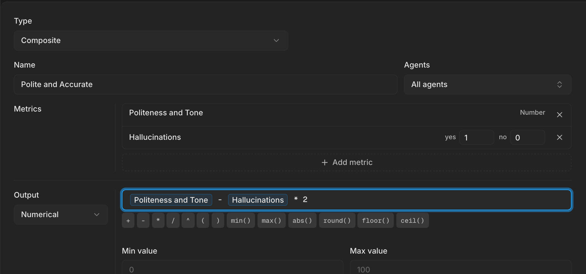 The Create Metric dialog with Type set to Composite, two metrics added, and a numerical formula that combines them
