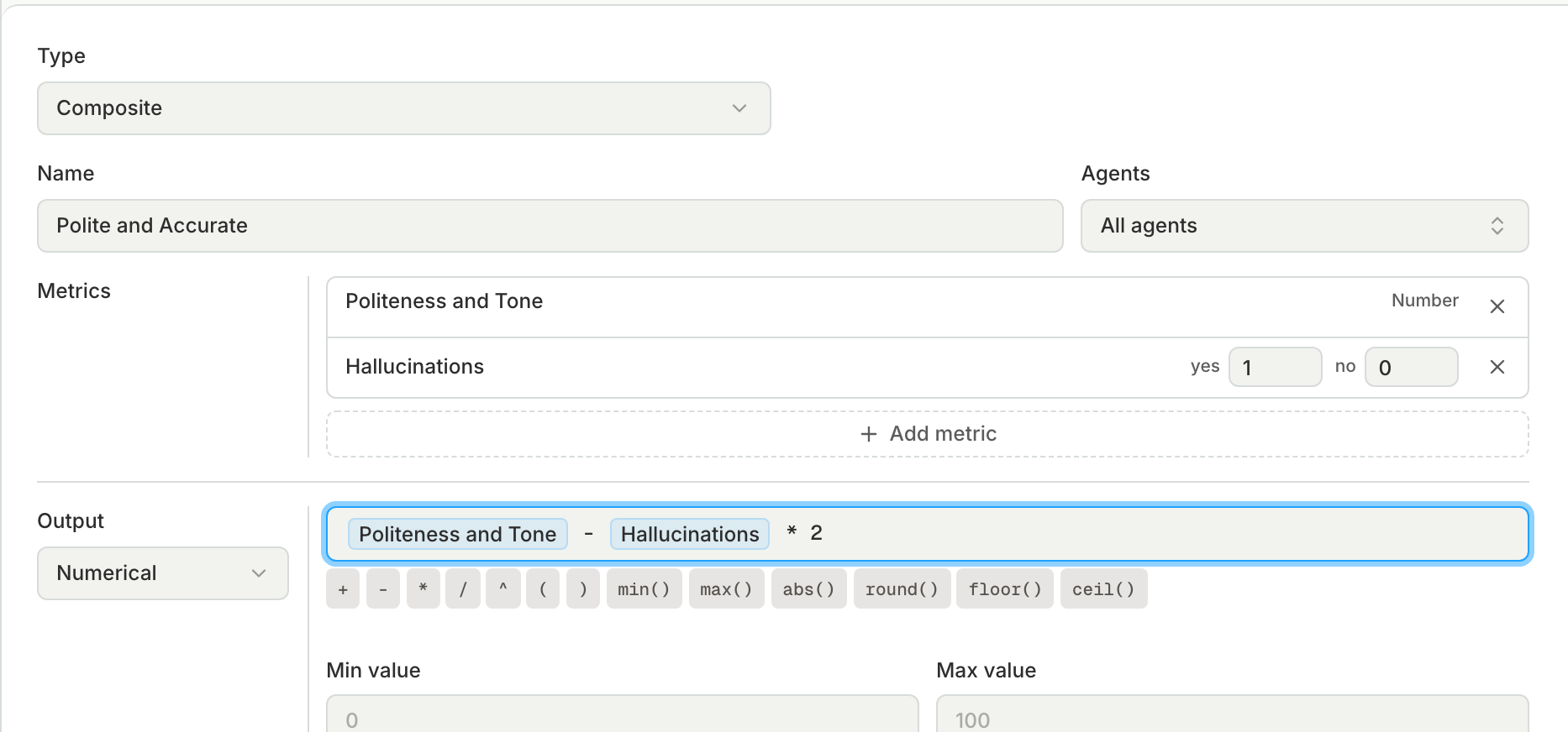 The Create Metric dialog with Type set to Composite, two metrics added, and a numerical formula that combines them