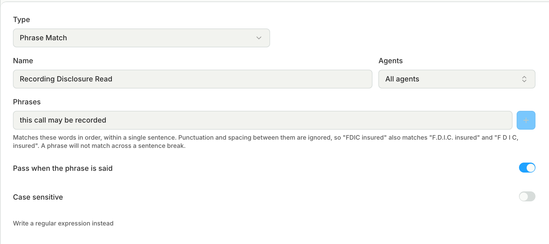 The Create Metric dialog with Type set to Phrase Match and one phrase entered