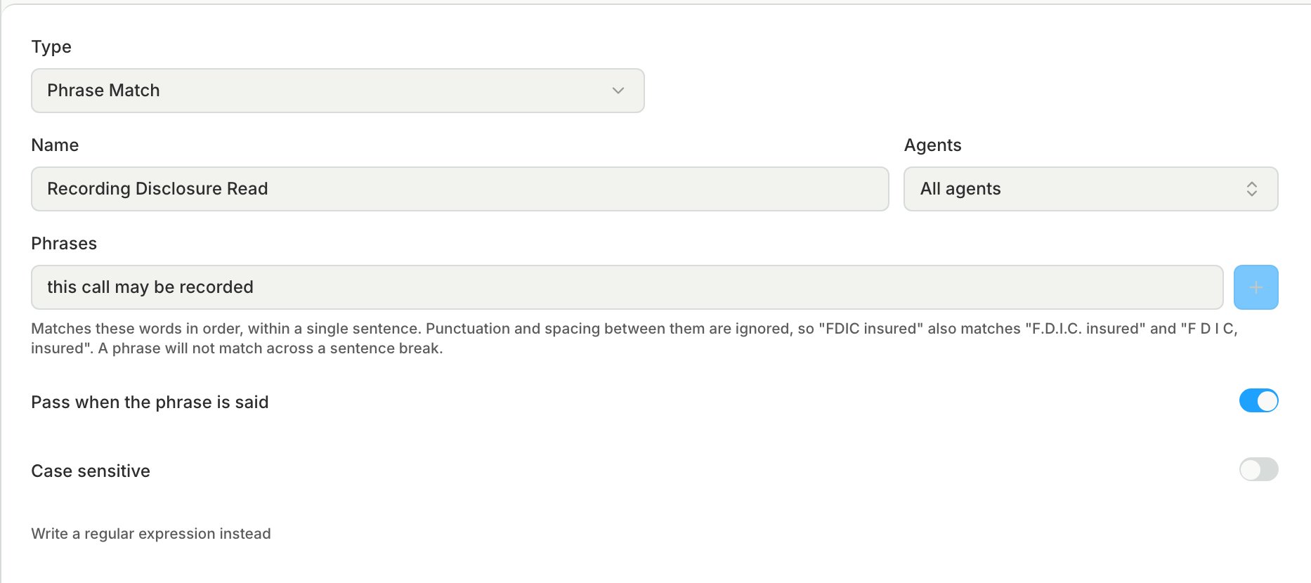 The Create Metric dialog with Type set to Phrase Match and one phrase entered