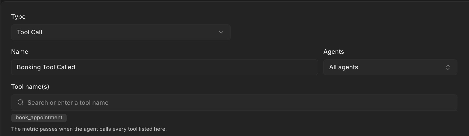 The Create Metric dialog with Type set to Tool Call and one tool name added