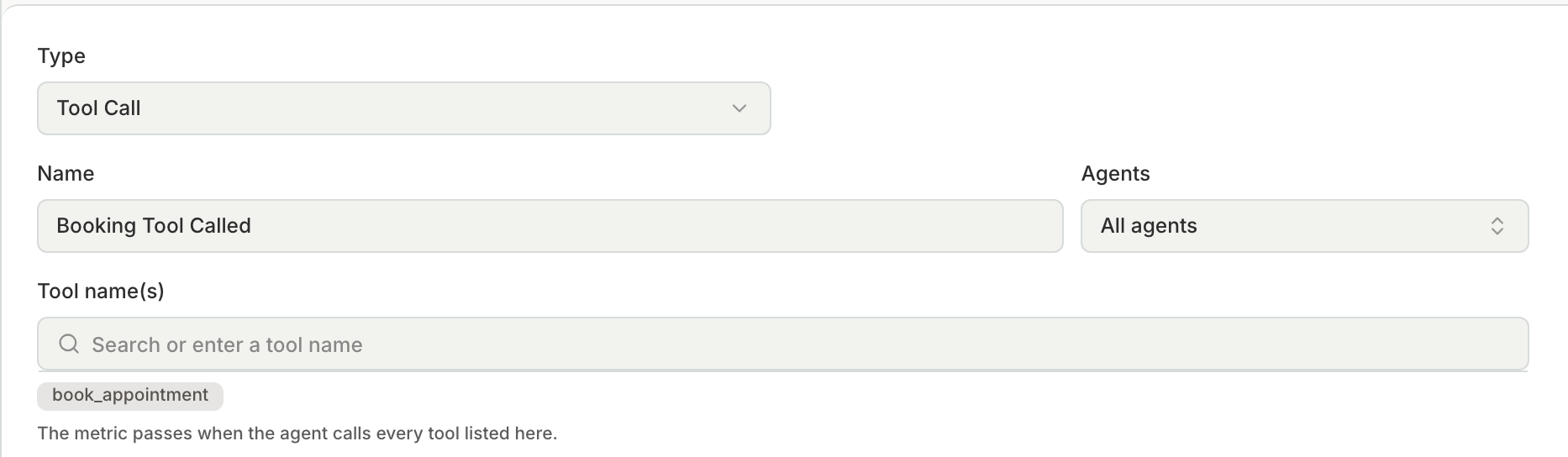 The Create Metric dialog with Type set to Tool Call and one tool name added