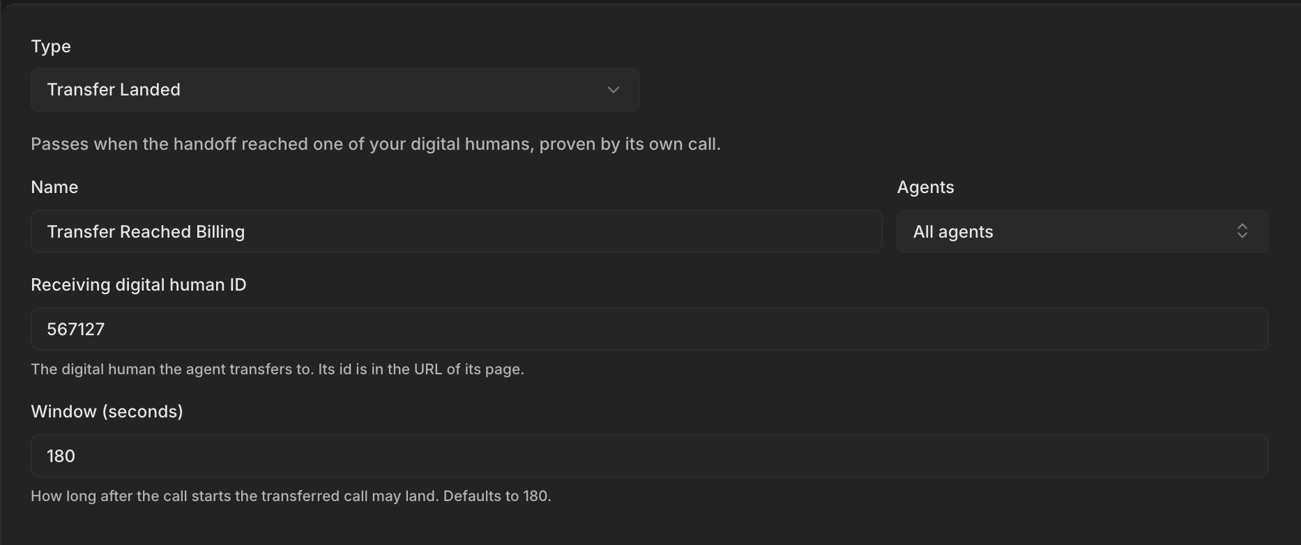 The Create Metric dialog with Type set to Transfer Landed, a receiving Digital Human ID, and a window in seconds