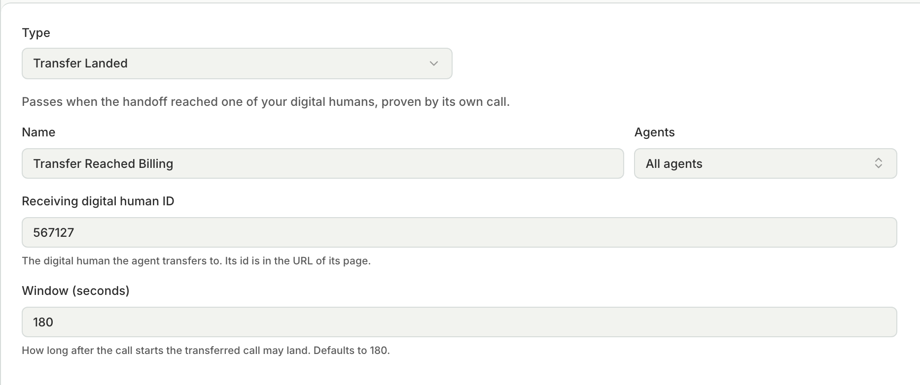 The Create Metric dialog with Type set to Transfer Landed, a receiving Digital Human ID, and a window in seconds