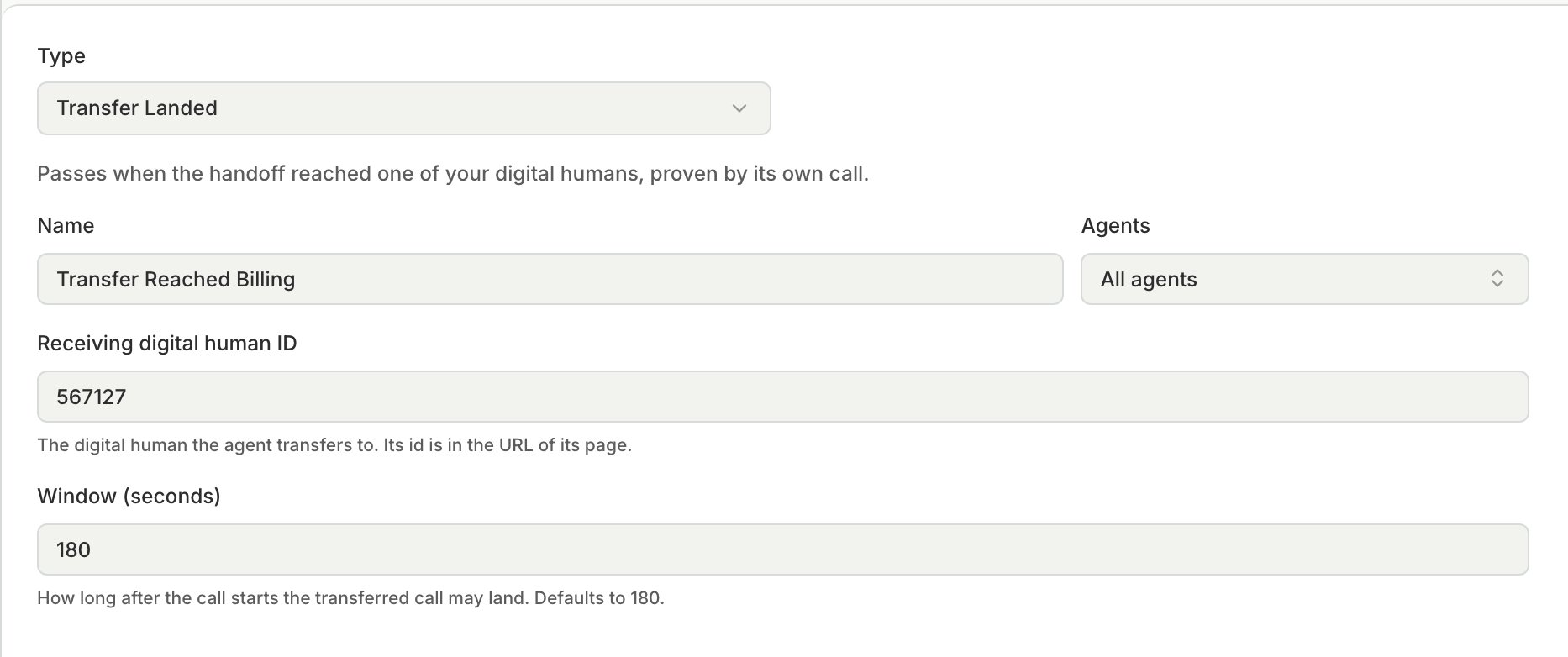 The Create Metric dialog with Type set to Transfer Landed, a receiving Digital Human ID, and a window in seconds