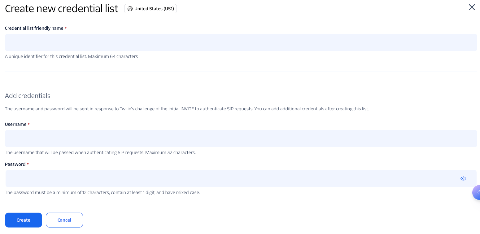Create new credential list dialog with friendly name, username, and password fields