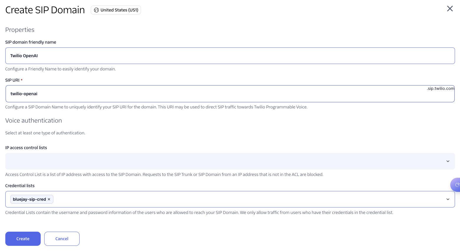 Create SIP Domain form with friendly name, SIP URI, and the credential list selected under Voice authentication