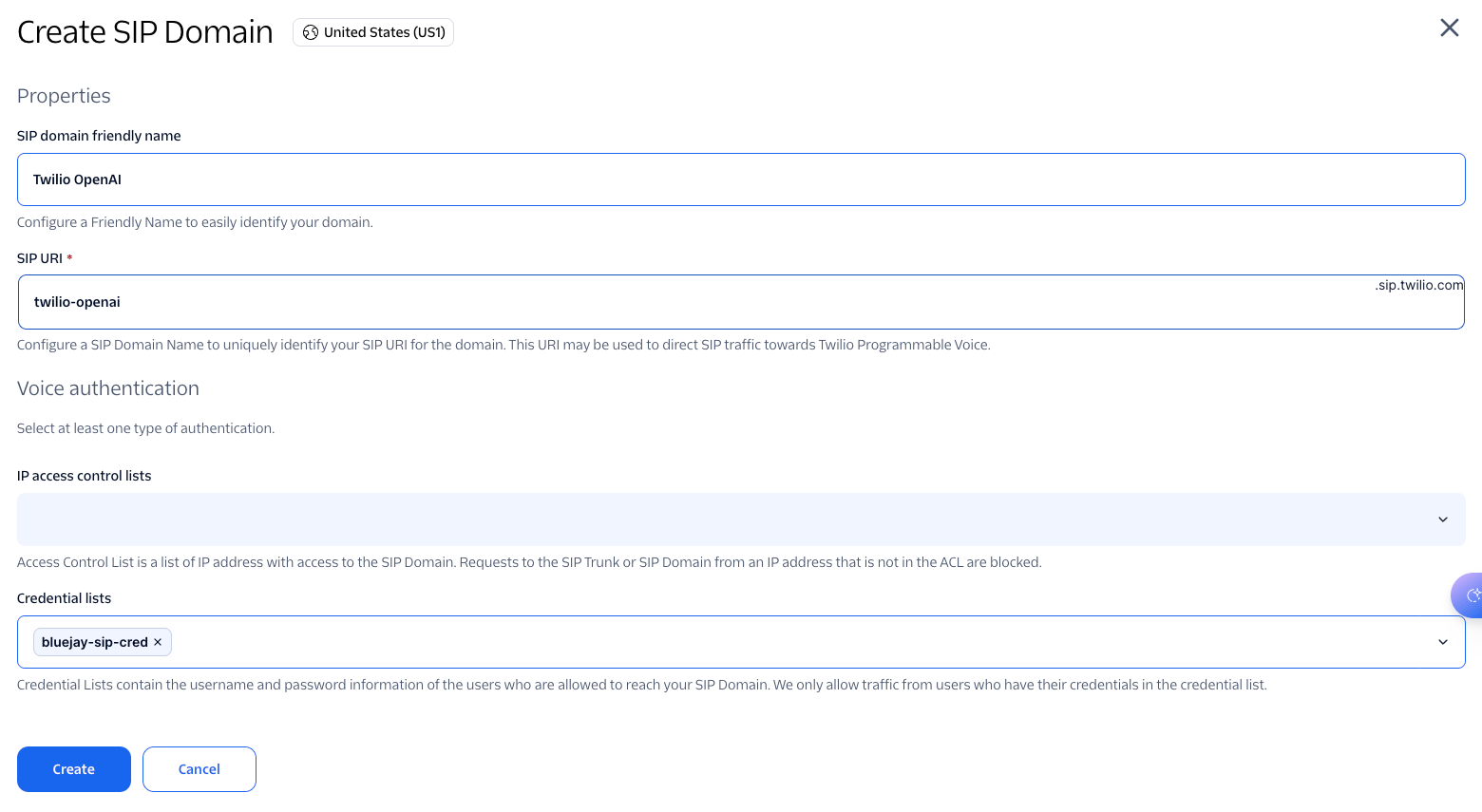 Create SIP Domain form with friendly name, SIP URI, and the credential list selected under Voice authentication