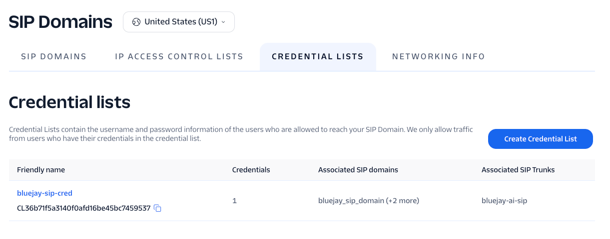 SIP Domains page with the Credential lists tab selected and the Create Credential List button