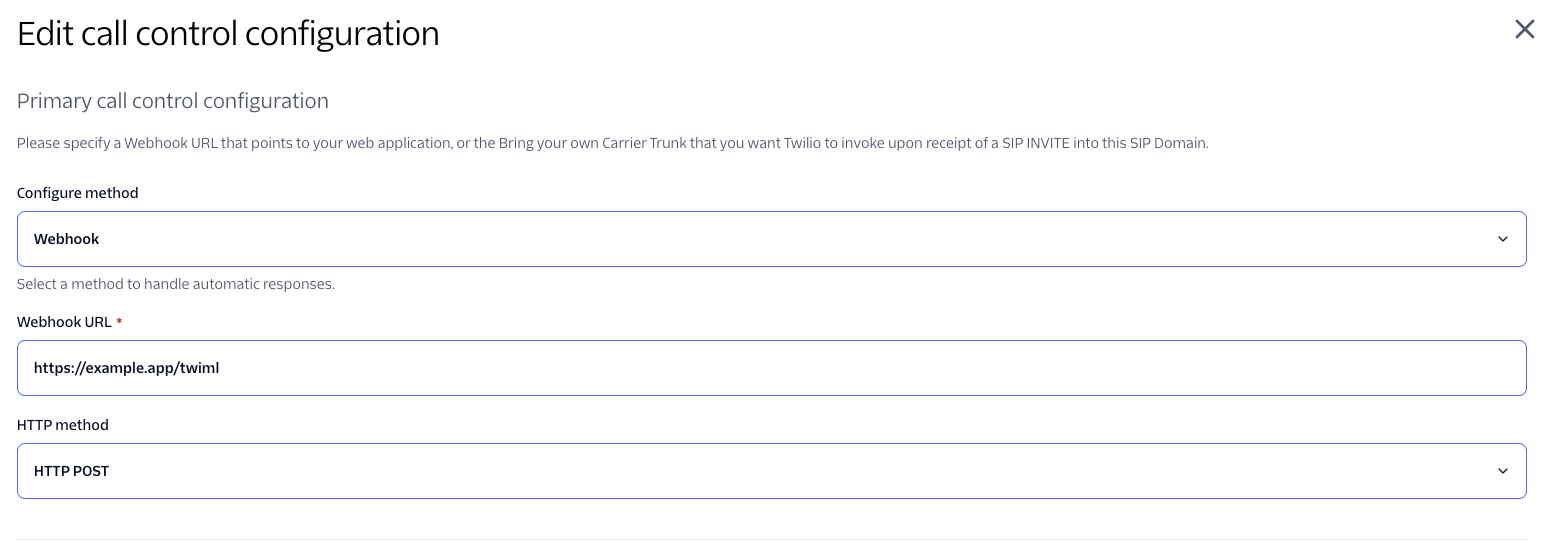 Edit call control configuration dialog with Configure method Webhook, Webhook URL, and HTTP POST