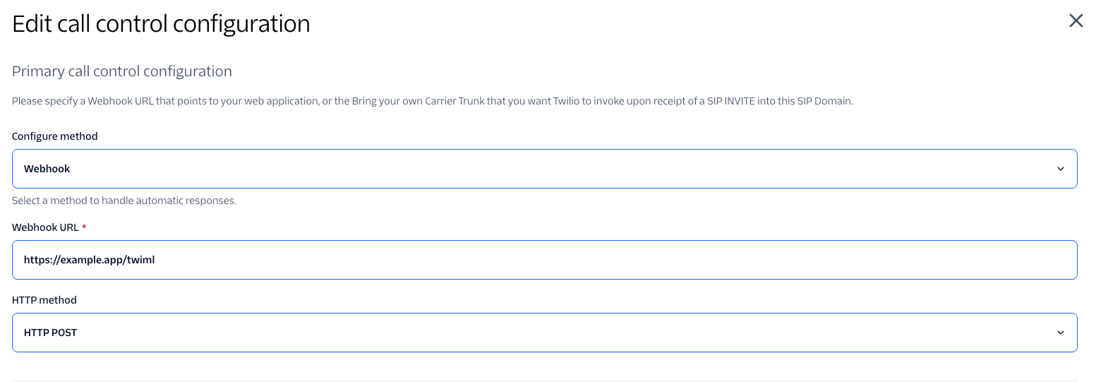 Edit call control configuration dialog with Configure method Webhook, Webhook URL, and HTTP POST