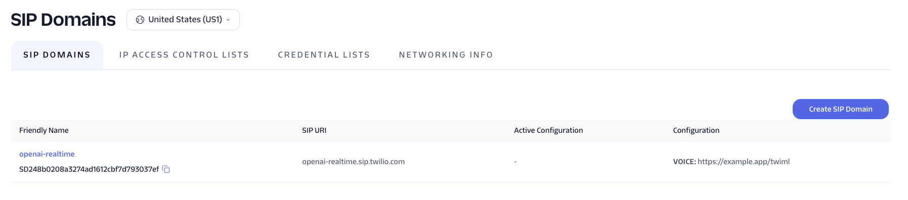 SIP Domains list with the Create SIP Domain button