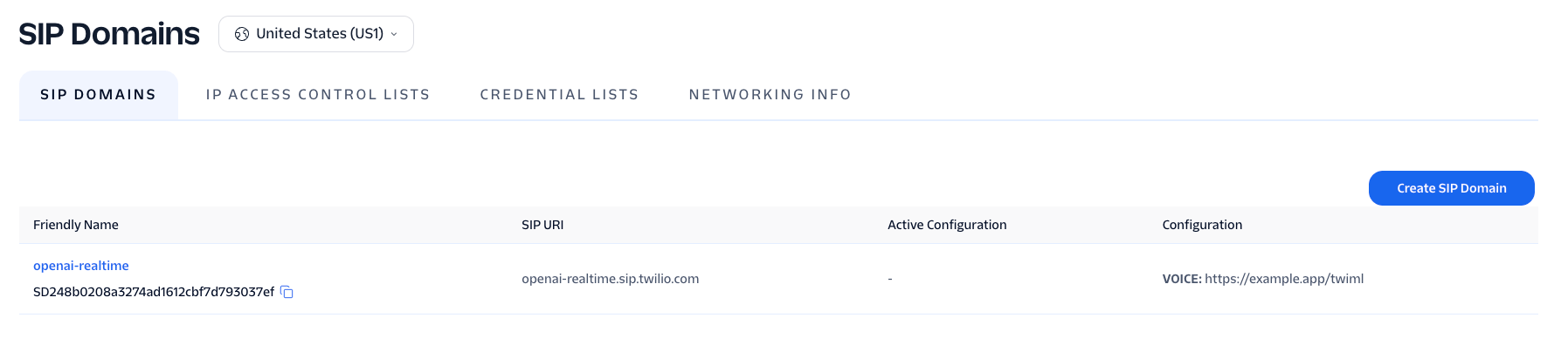 SIP Domains list with the Create SIP Domain button