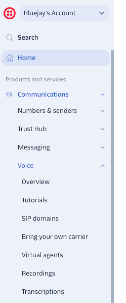 Twilio Console sidebar: Communications, Voice, SIP domains