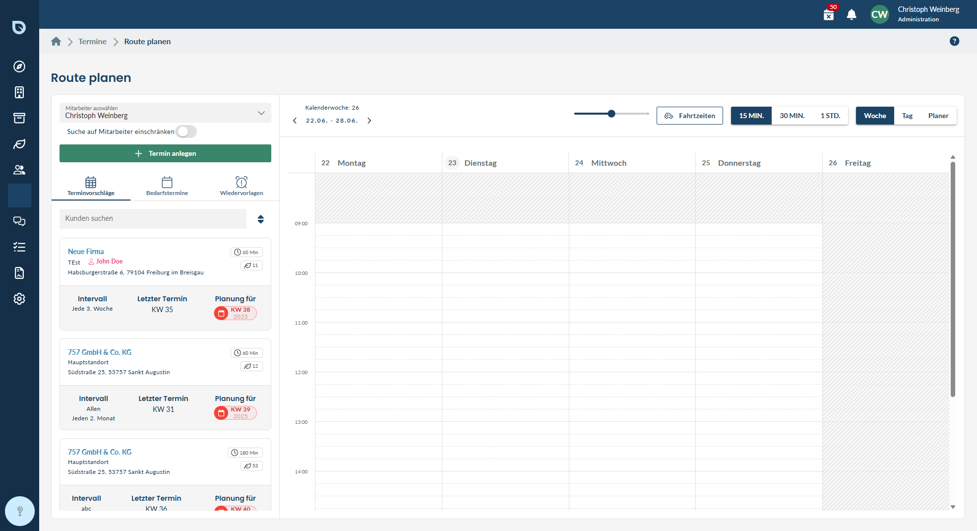 Routenplanung im blueplant Web-Programm mit Terminvorschlägen, Wochenkalender und Fahrzeiten