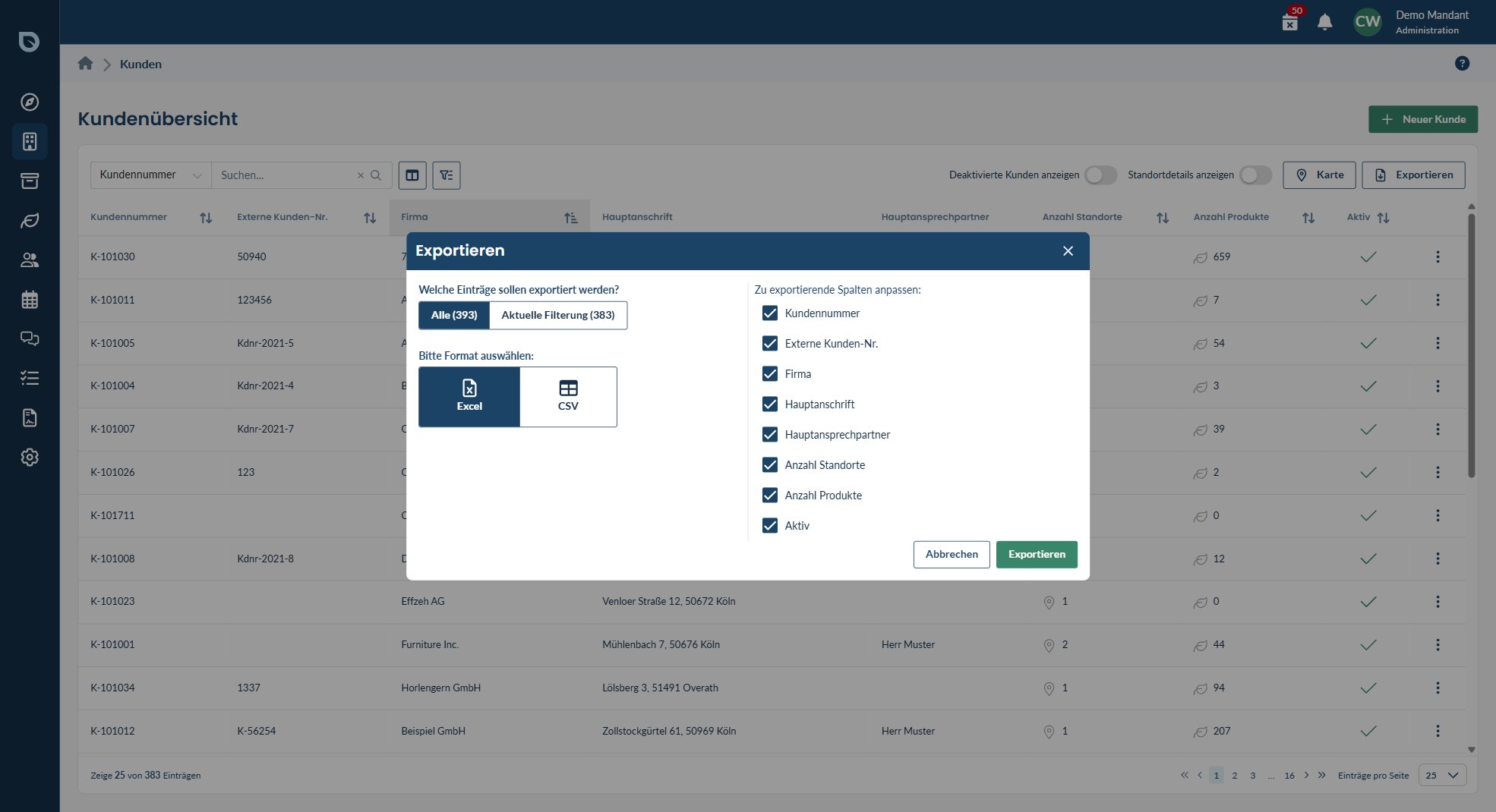 Export-Dialog im blueplant Web-Programm mit Format- und Spaltenauswahl