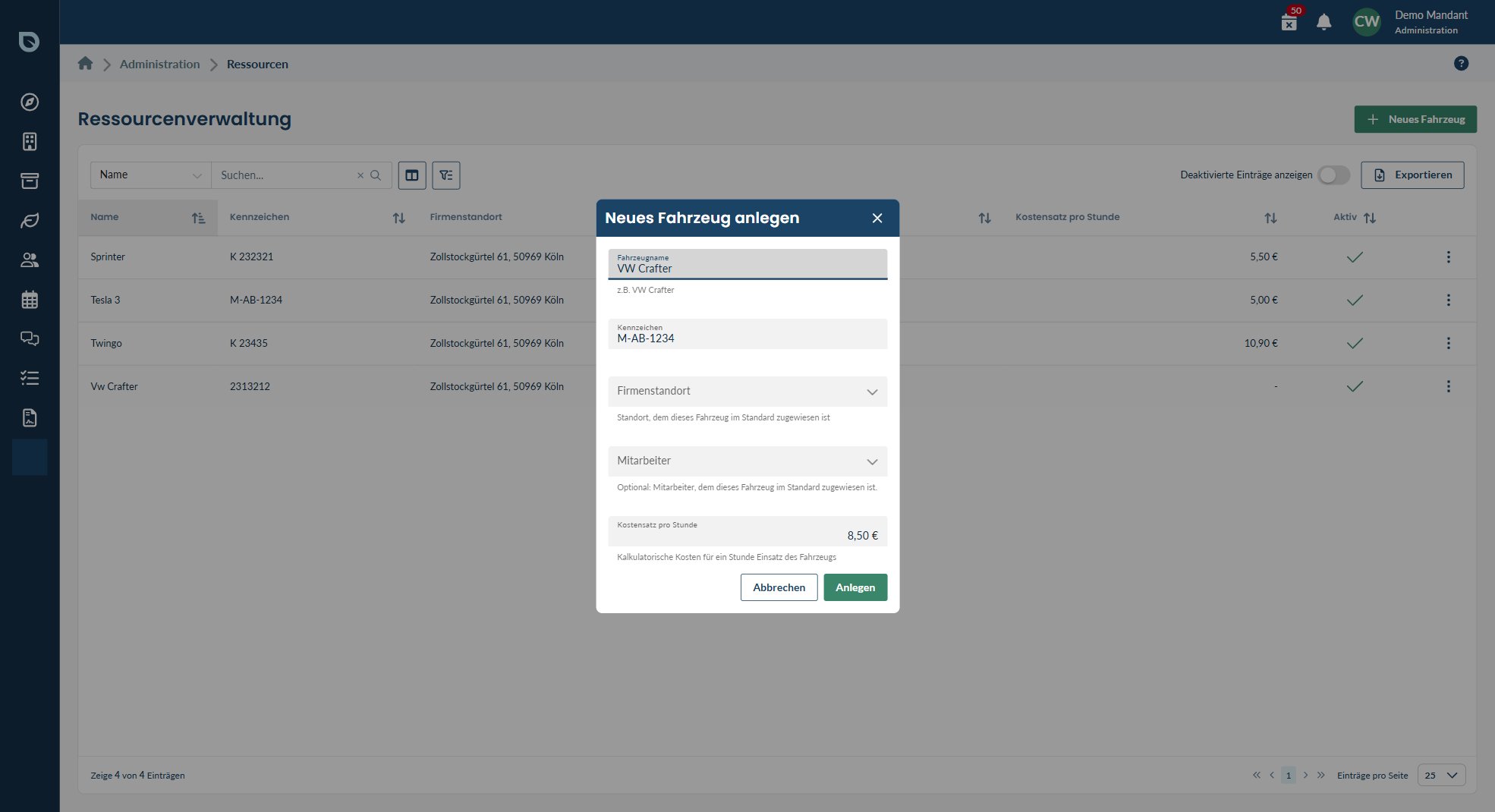 Maske zum Anlegen eines Fahrzeugs im blueplant Web-Programm