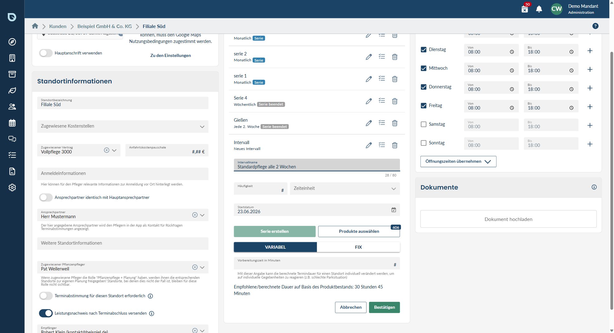 Intervall- und Serien-Formular am Standort im blueplant Web-Programm