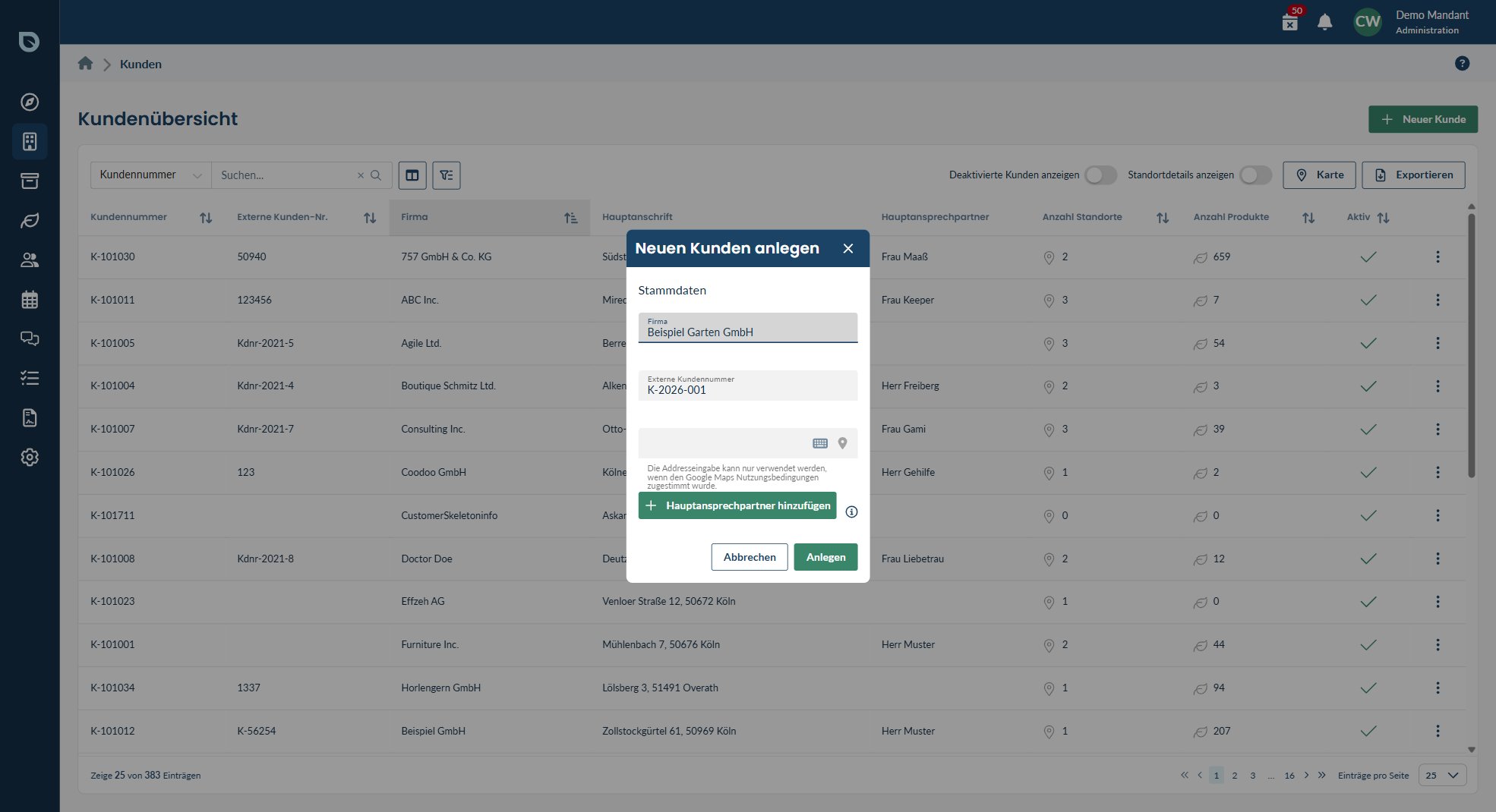 Maske zum Anlegen eines neuen Kunden im blueplant Web-Programm