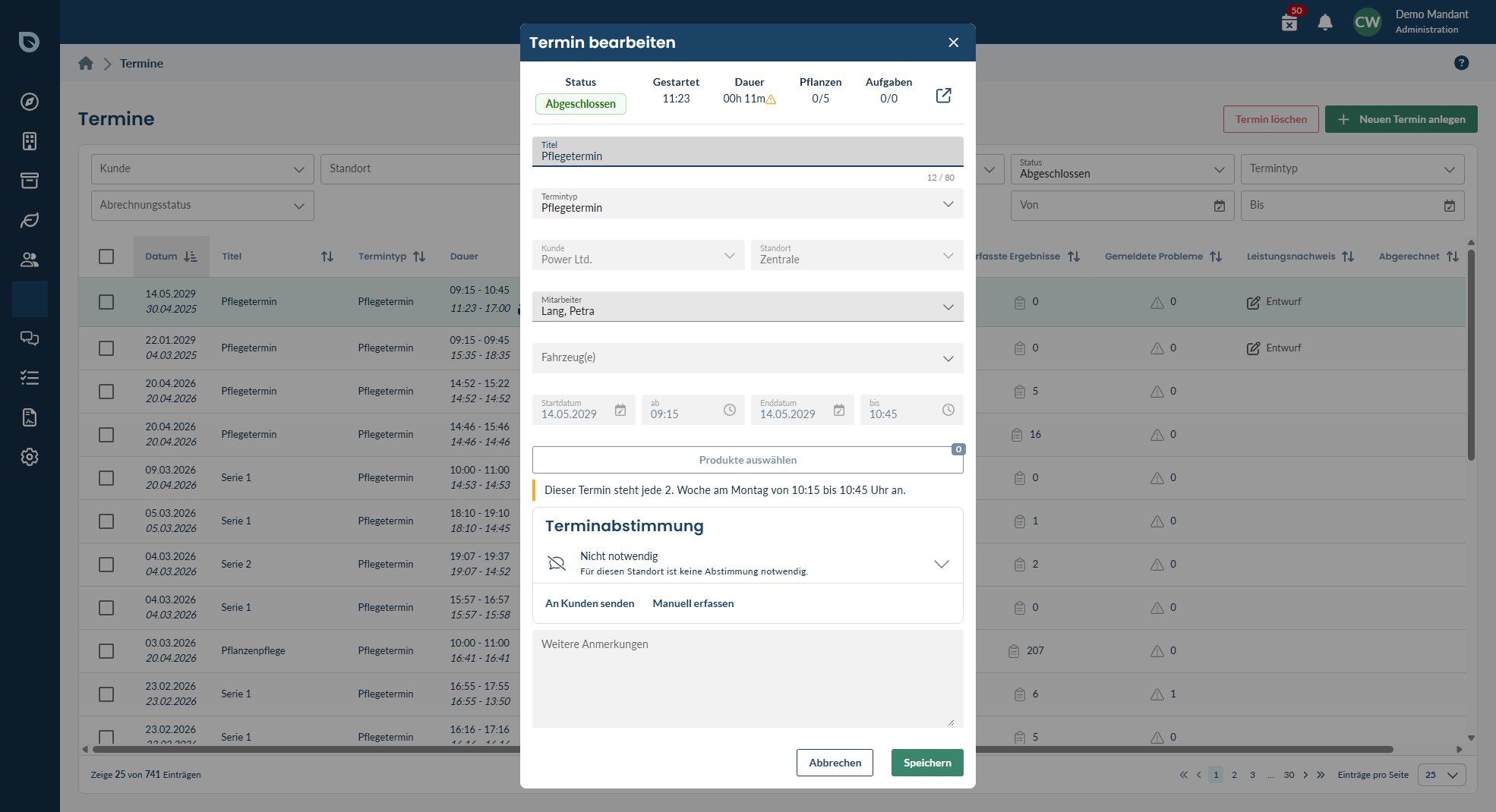 Termin-Formular im blueplant Web-Programm mit dem Abschnitt zur Kundenabstimmung
