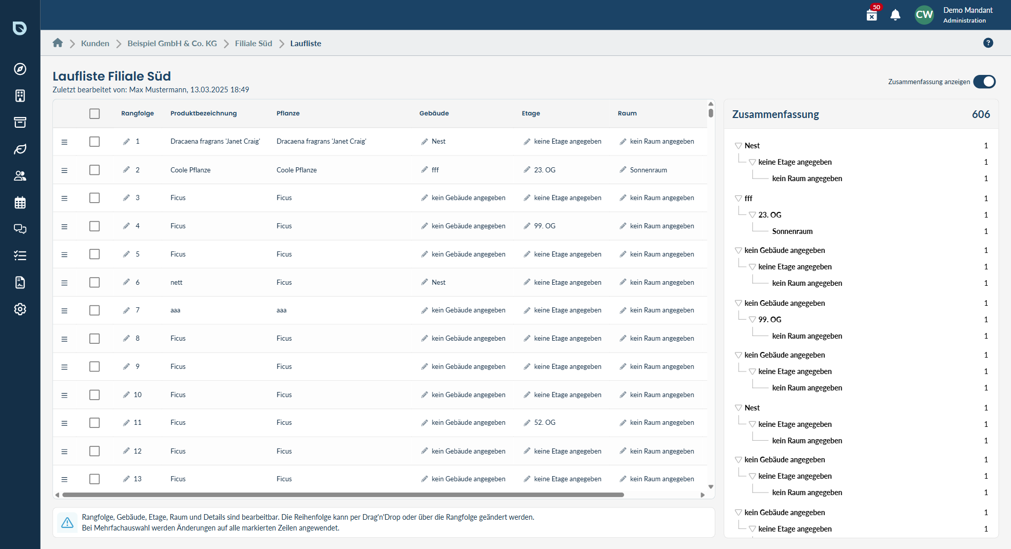 Lauflisten-Editor im blueplant Web-Programm mit Reihenfolge und Gebäude-/Etagen-Gruppierung