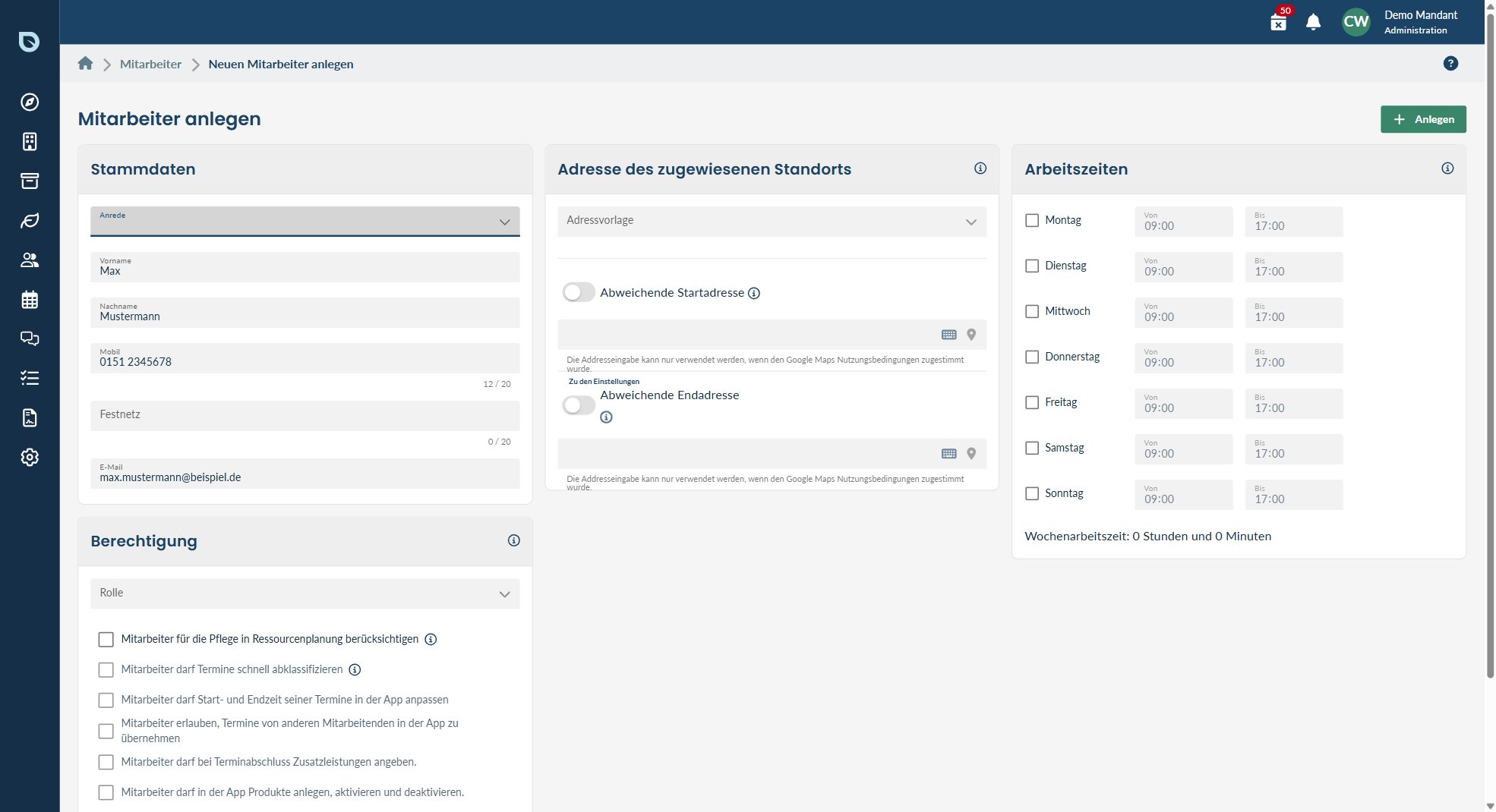 Maske zum Anlegen eines Mitarbeiters im blueplant Web-Programm mit Stammdaten, Arbeitszeiten und Berechtigungen