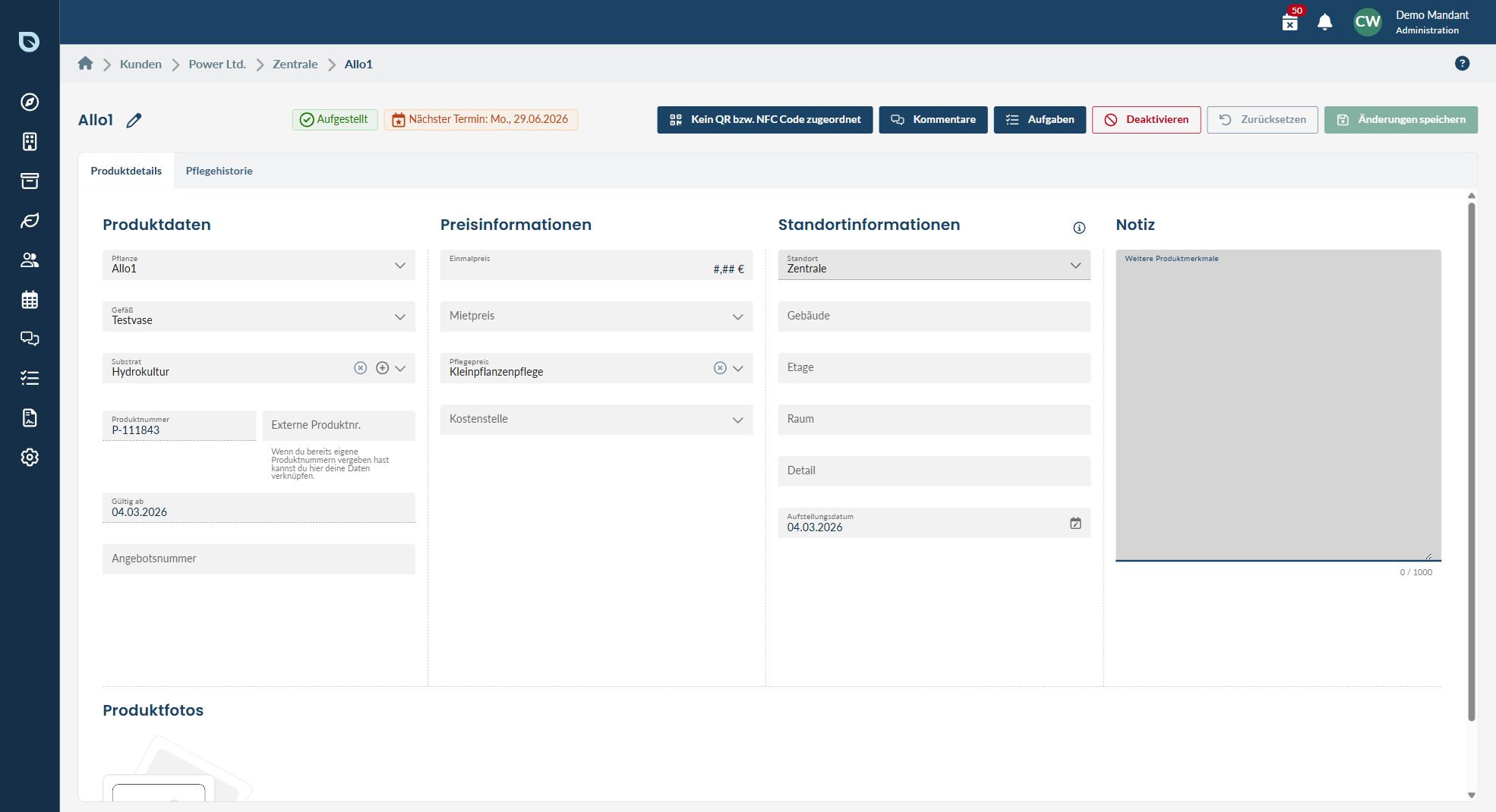 Produktakte einer Pflanze im blueplant Web-Programm mit den Reitern Produktdetails und Pflegehistorie