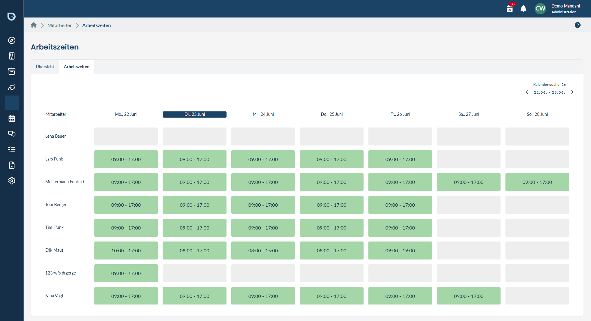 Verfügbarkeits-Board im blueplant Web-Programm mit wöchentlichen Arbeitszeiten je Mitarbeiter