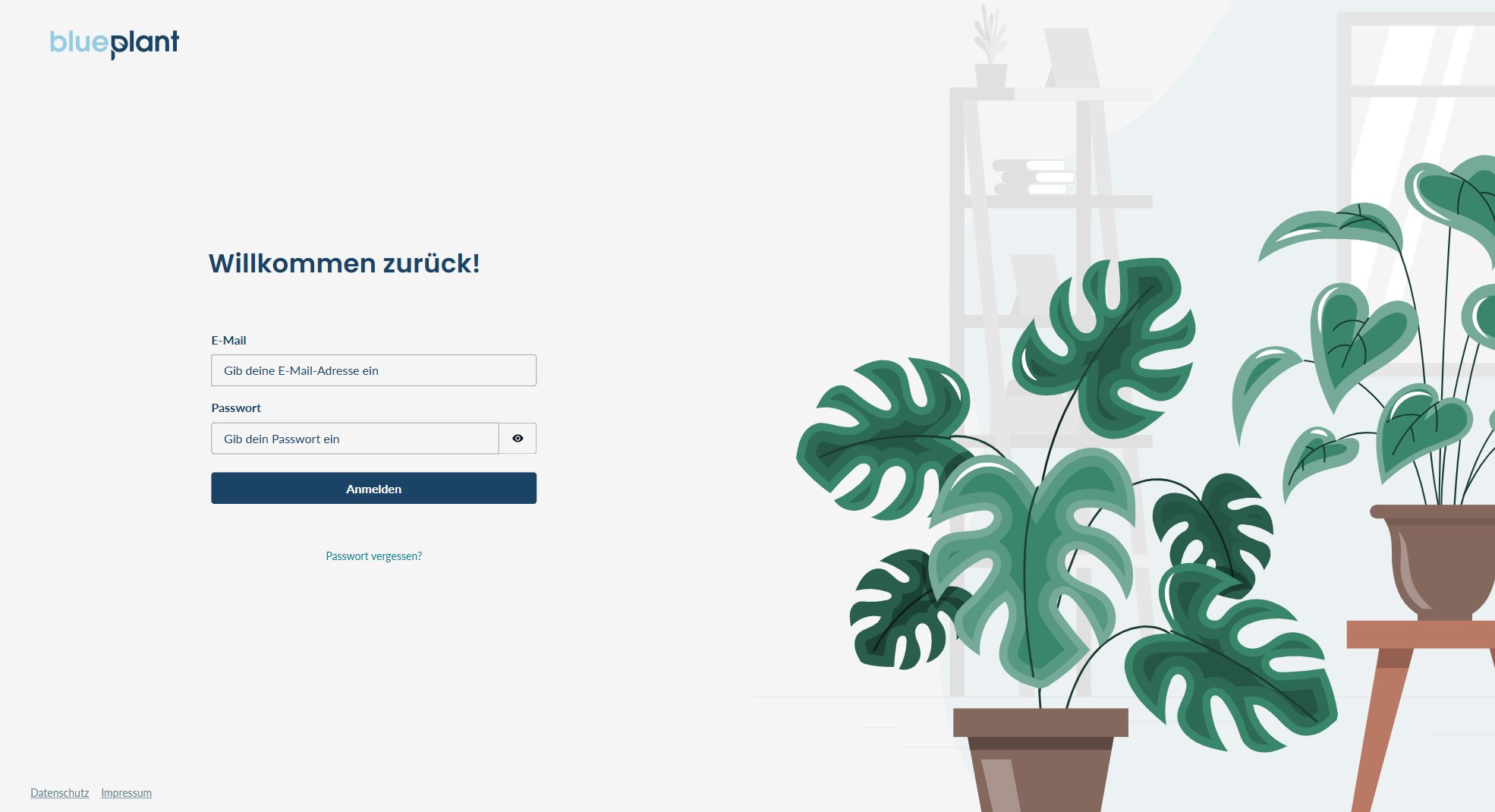 Anmelde-Maske des blueplant Web-Programms mit E-Mail- und Passwort-Feld