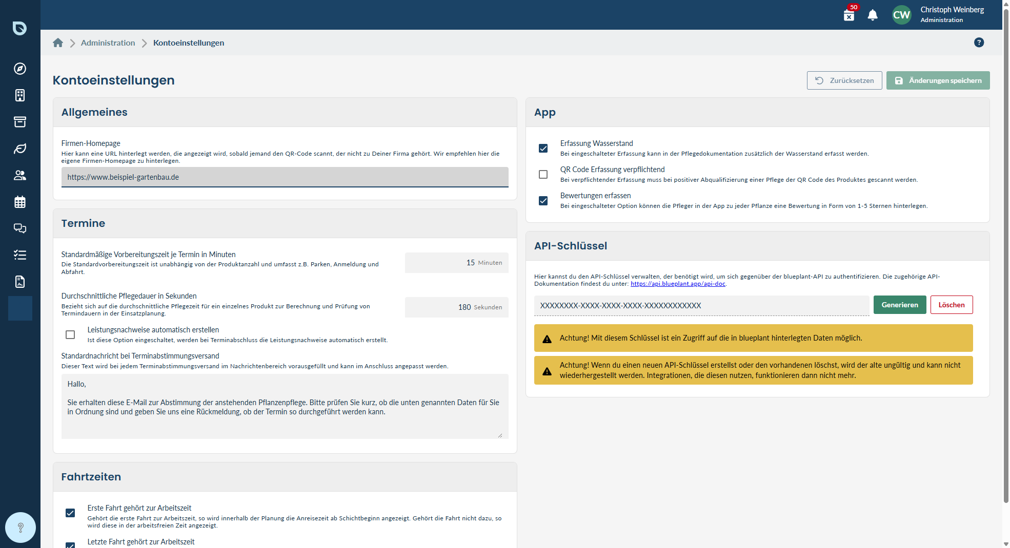 Mandanten-Einstellungen im blueplant Web-Programm (Allgemeines, Termine, App, Fahrzeiten)