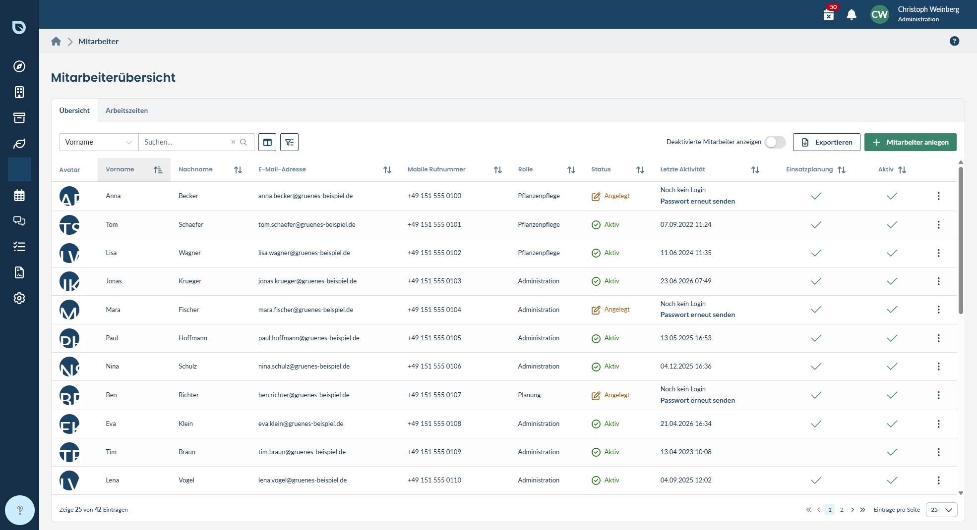 Mitarbeiterübersicht im blueplant Web-Programm mit Namen, Rollen und Status (Demo-Daten)