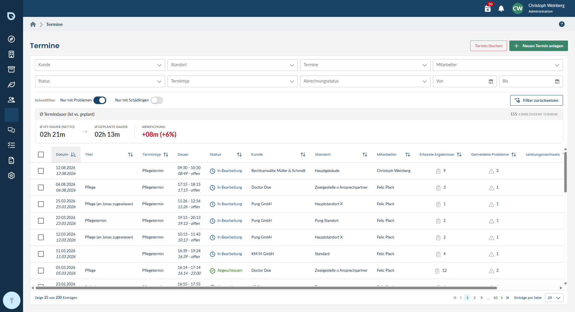 Termin-Übersicht im blueplant Web-Programm mit Filterleiste, Schnellfiltern und Kennzahlen zur Termindauer