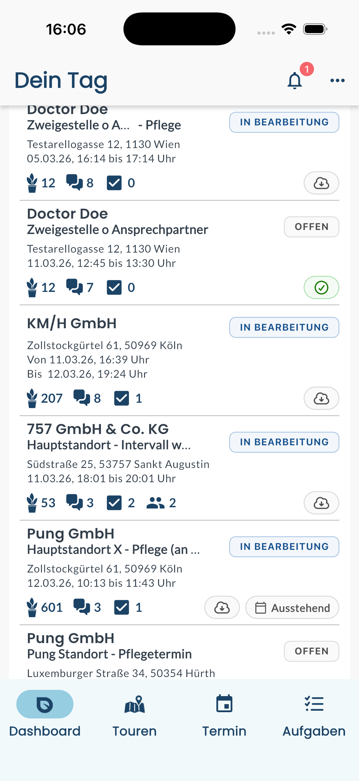 Terminliste in der blueplant App mit Wolken-Symbol je Termin