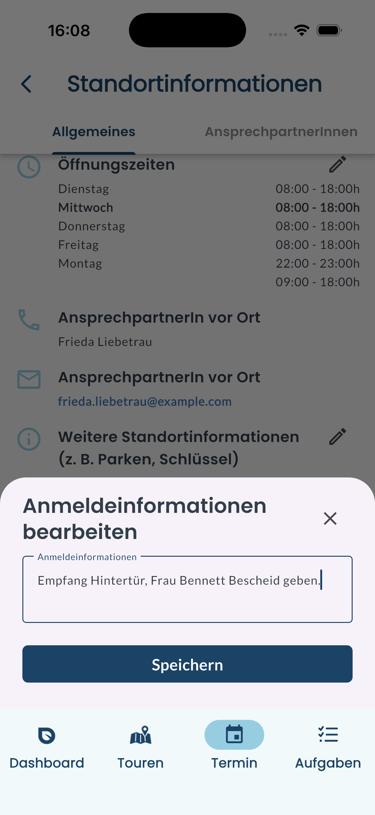 Standortinformationen in der blueplant App mit offenem Dialog zum Bearbeiten der Anmeldeinformationen