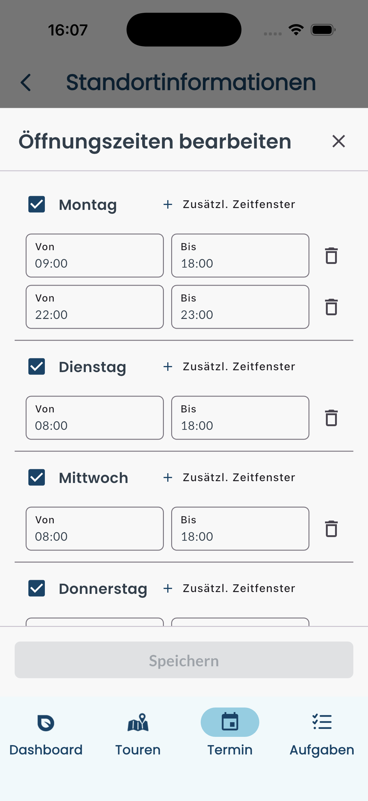 Öffnungszeiten eines Standorts in der blueplant App bearbeiten